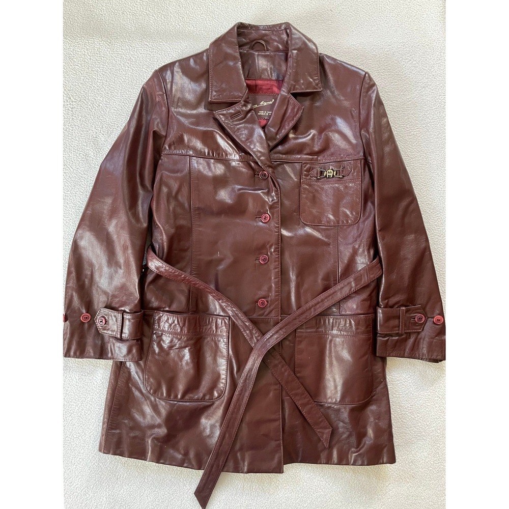 Etienne Aigner Womens 12 Leather Trench Coat Burgundy Belted Vintage